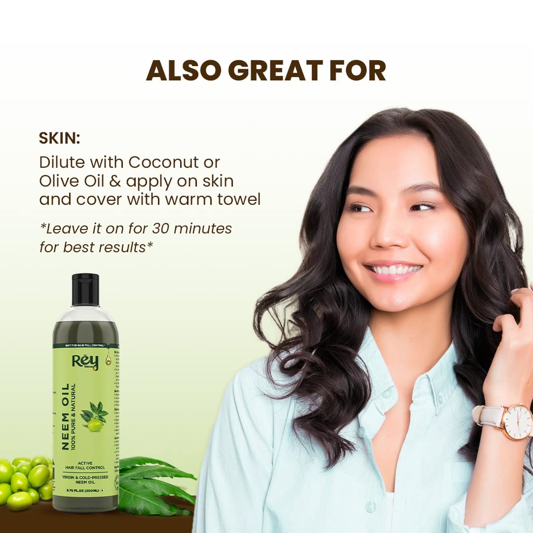 Rey Naturals Cold Pressed Neem Oil 200ml - Pure Organic Neem Oil for Skin Care, Hair Growth & Scalp Treatment | Helps with Dandruff, Lice Removal & Acne | Ideal for Body Massage, Hair Care Routine & Natural Beauty Regimen