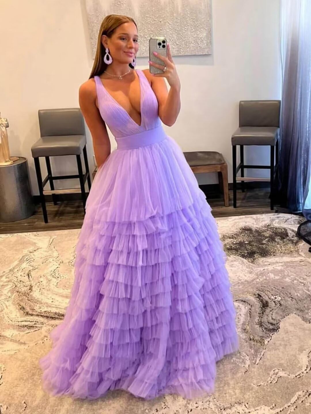 Elegant CWOAPO Tiered Tulle Prom Dress - Long Puffy Ball Gown with V-Neck & A-Line Silhouette for Weddings, Formal Evenings & Special Occasions | Perfect for Homecoming, Quinceañera & Black Tie Events