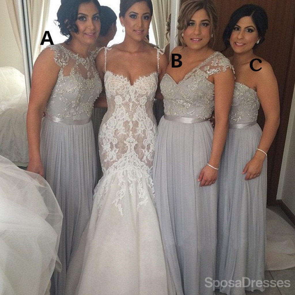 Elegant Grey Chiffon Mismatched Lace Bridesmaid Dress - Floor Length Formal Gown WG168 | Perfect for Weddings, Proms & Special Occasions