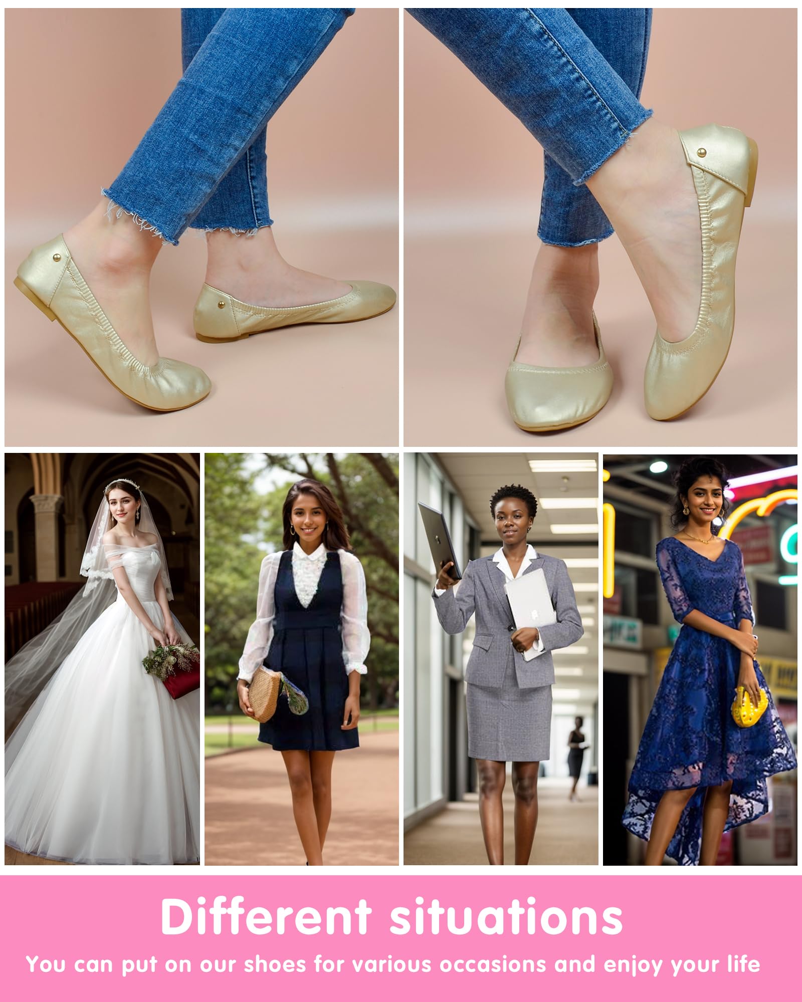Women's Comfortable Ballet Flats Shoes - Elegant Round Toe Ballerina Flats for Dressy & Casual Wear | Perfect for Office, Parties & Everyday Use (Gold)