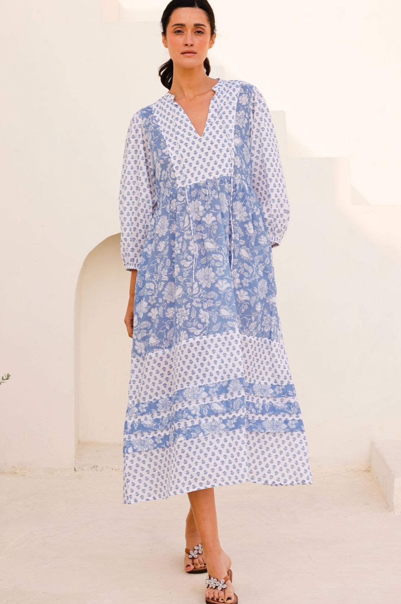 Martha Organic Cotton Floral Print Dress - Blue & White Blossom Design | Women's Casual Summer Dress for Beach, Picnic & Outdoor Activities