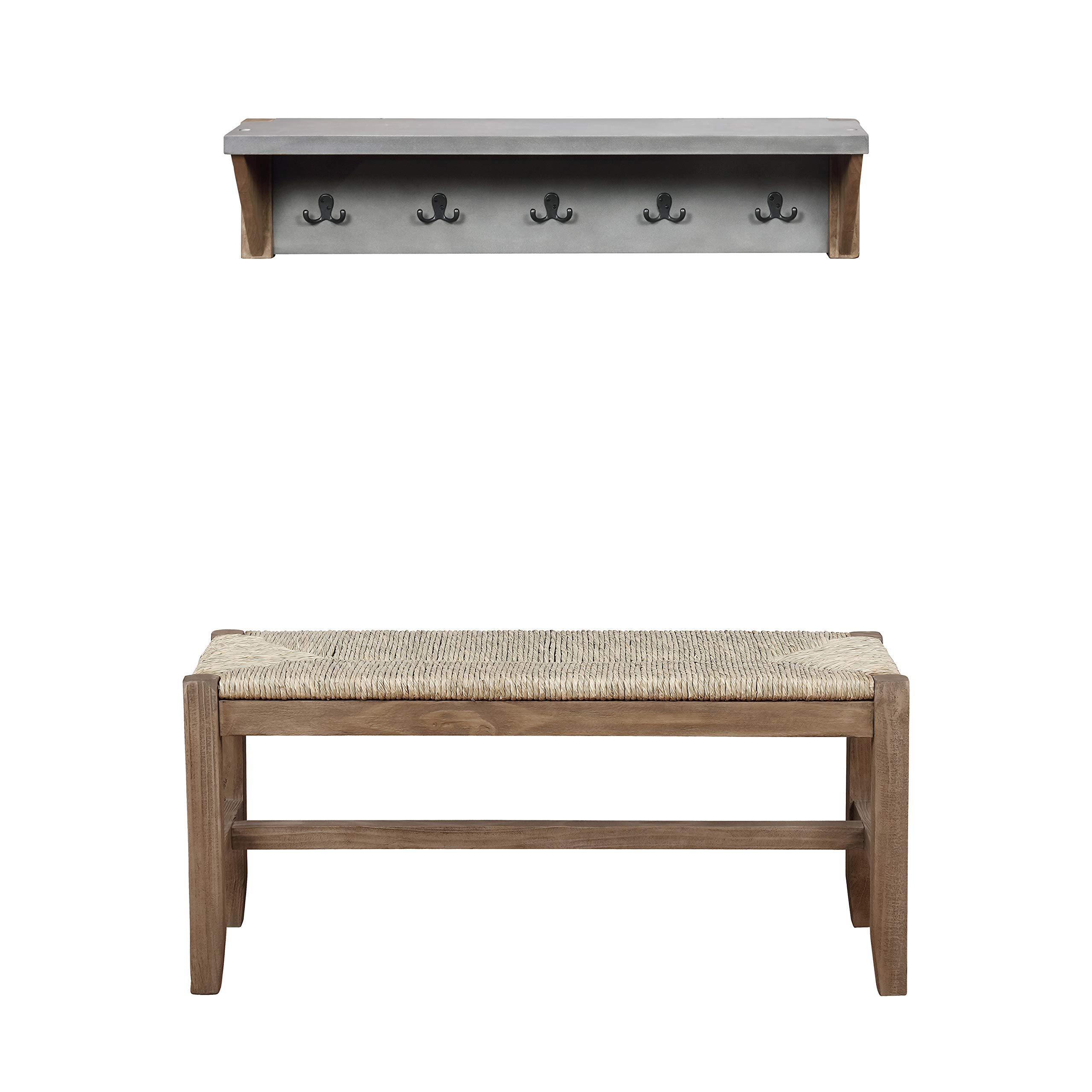 Newport 40-Inch Entryway Coat Rack with Shelf and Bench Set - Light Amber Wood & Faux Concrete Finish - 5 Black Double Hooks - Hallway Organizer for Coats, Hats & Bags - Perfect for Mudroom, Foyer or Bedroom Decor (Coat Hook: 40