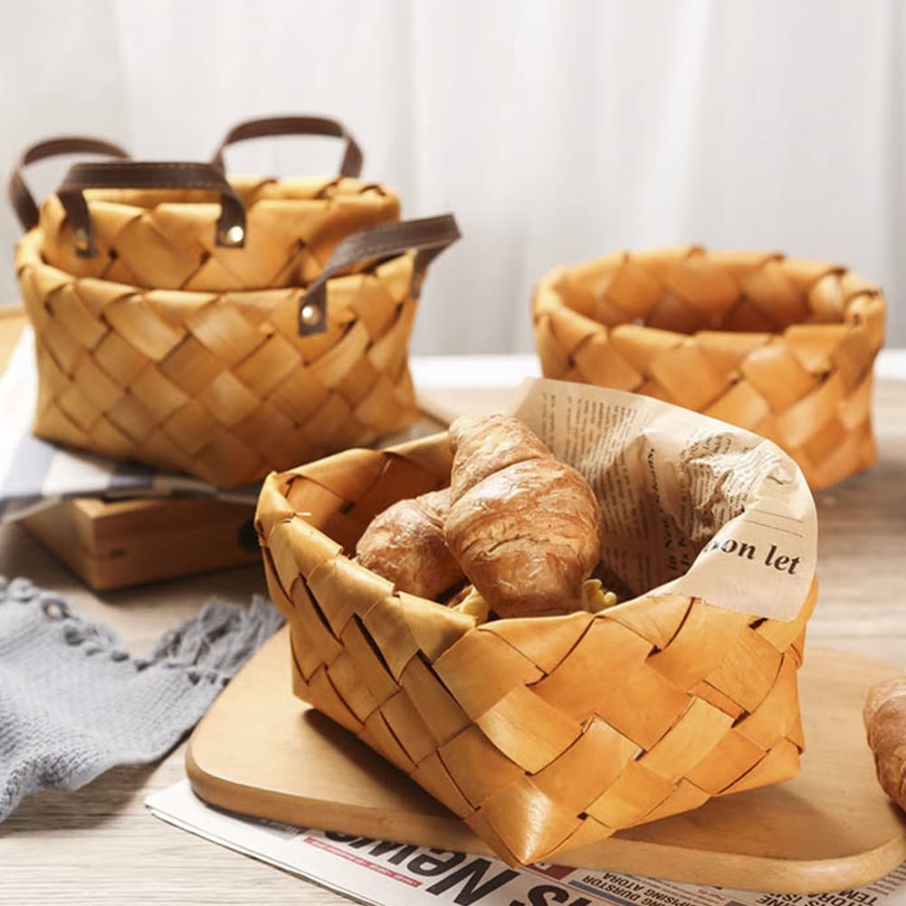 Ochine Handwoven Wood Chip Storage Basket - Natural Rattan Wicker Fruit Bowl, Bread & Flower Holder for Kitchen, Picnic, Home Decor | Eco-Friendly Wooden Decorative Bin for Organizing Fruits, Food & Household Items