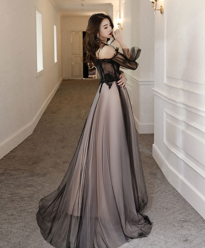 Elegant Black Tulle A-Line Lace Long Prom Dress for Formal Evening Events - Perfect for Homecoming, Wedding Guest & Special Occasions