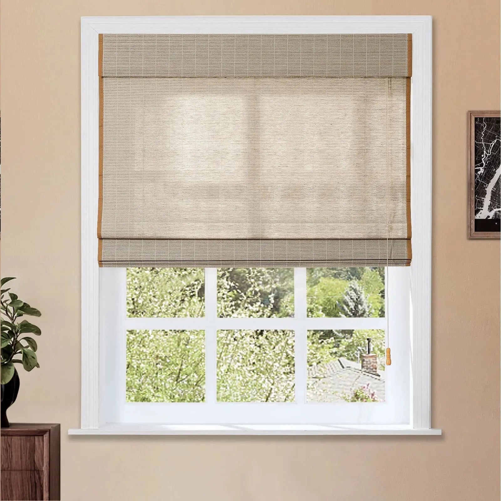 Natural Flax Bamboo Woven Window Shade - Light Gray Brown for Living Room & Bedroom Blackout Privacy