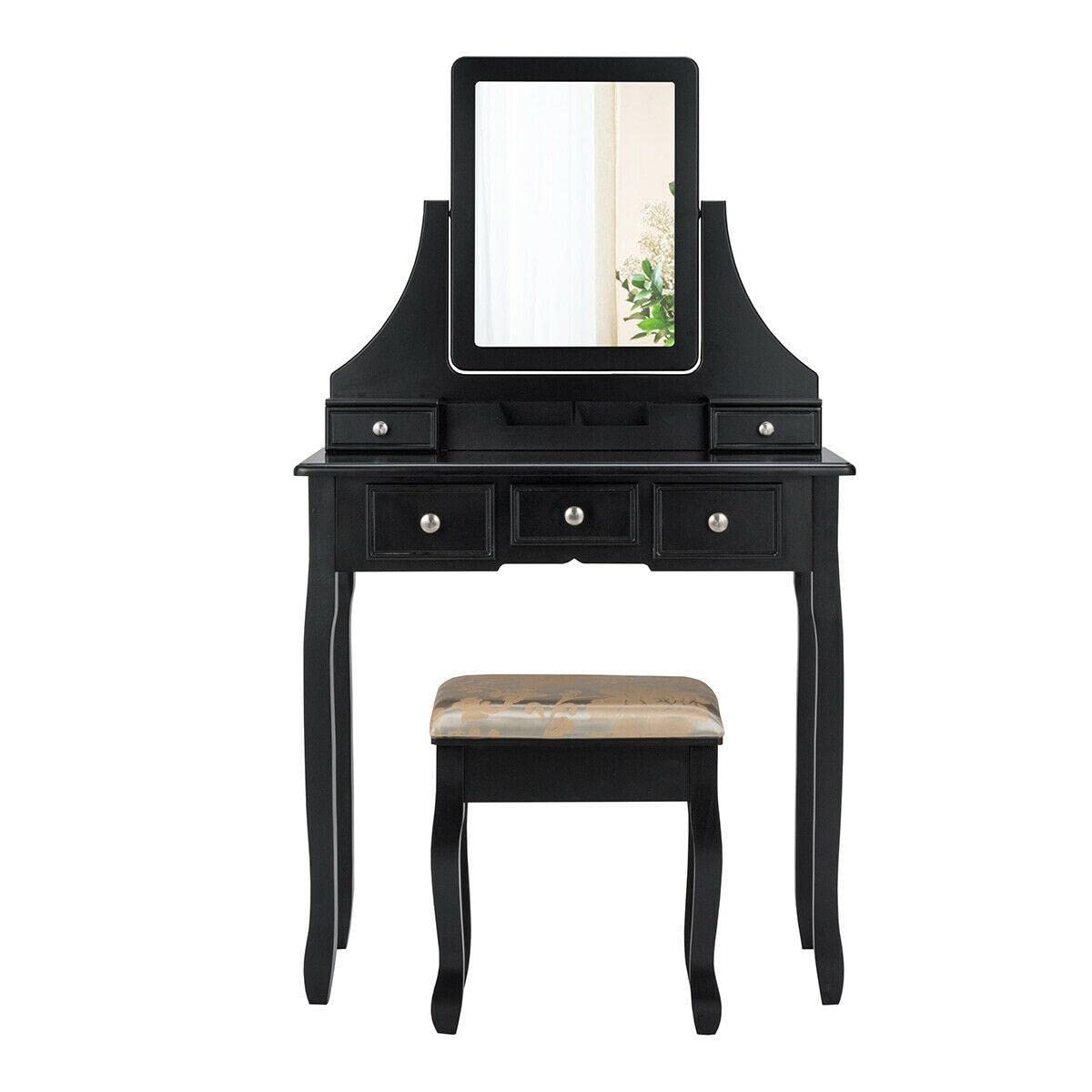 5-Drawer Black Vanity Desk Set with Removable Makeup Box & Stool - Portable Dressing Table for Bedroom, Makeup Vanity Side Table - Perfect for Small Spaces & Beauty Routines
