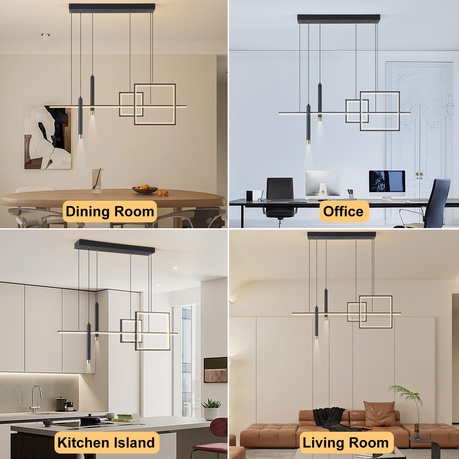 Modern LED Chandelier Lighting - Dimmable Linear Black Pendant Light with Square Design, 39 Inch Contemporary Hanging Fixture for Dining Room, Kitchen Island, Bar Table (3000lm/50W) - Perfect for Modern Home Decor, Restaurant Lighting, and Commercial Spaces