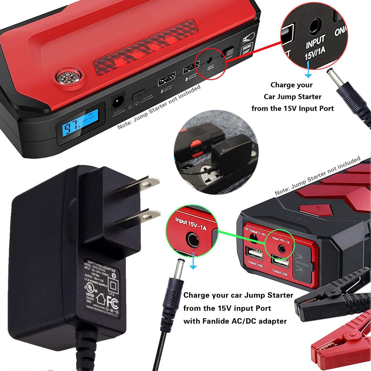 15V 1A DC Power Adapter for 450A-1000A Car Jump Starter - Universal Charger for Auto Battery Booster | Perfect for Emergency Roadside Assistance & Vehicle Maintenance