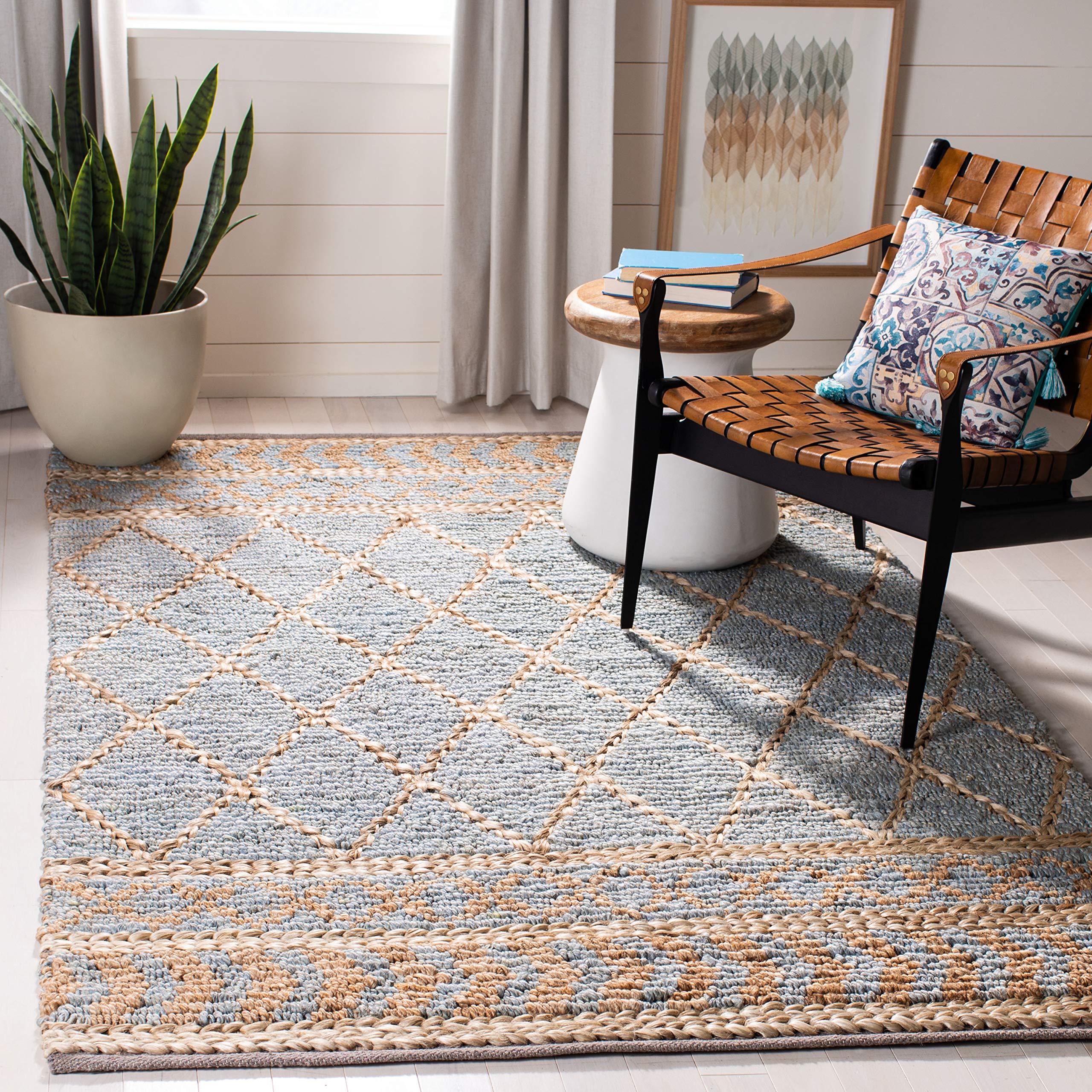 SAFAVIEH Natural Fiber Collection Handmade Boho Moroccan Trellis Jute Area Rug - 6' x 9', Natural & Blue, Non-Slip & Durable for High Traffic Areas - Perfect for Living Room, Bedroom, Dining Room & Home Office Decor (NF955N)
