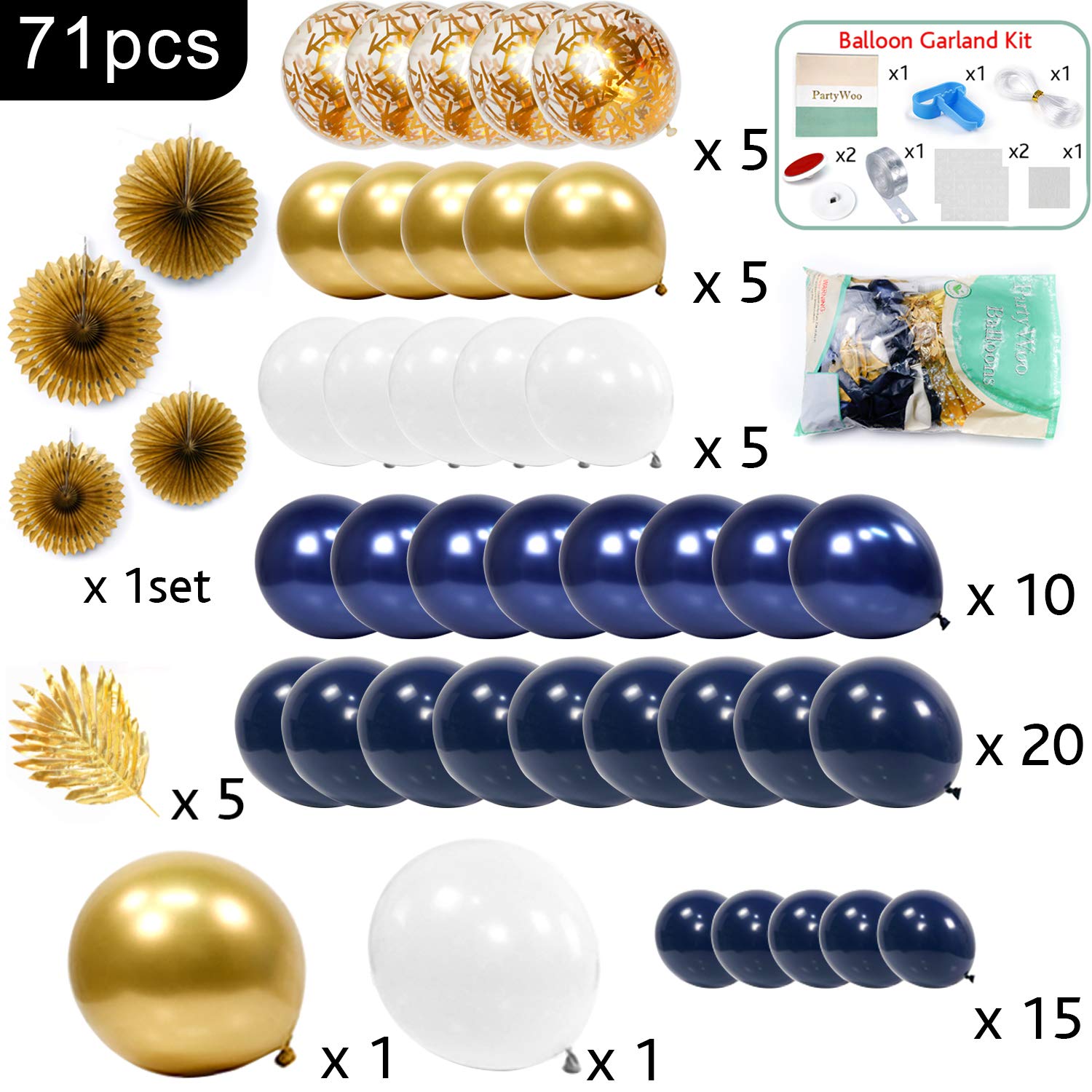 PartyWoo Navy Gold Balloon Arch Kit - 71 Pcs Blue & Gold Balloons, Navy Blue Balloons, Paper Fans & Gold Confetti Balloons for Birthday, Wedding, Baby Shower & Graduation Decorations