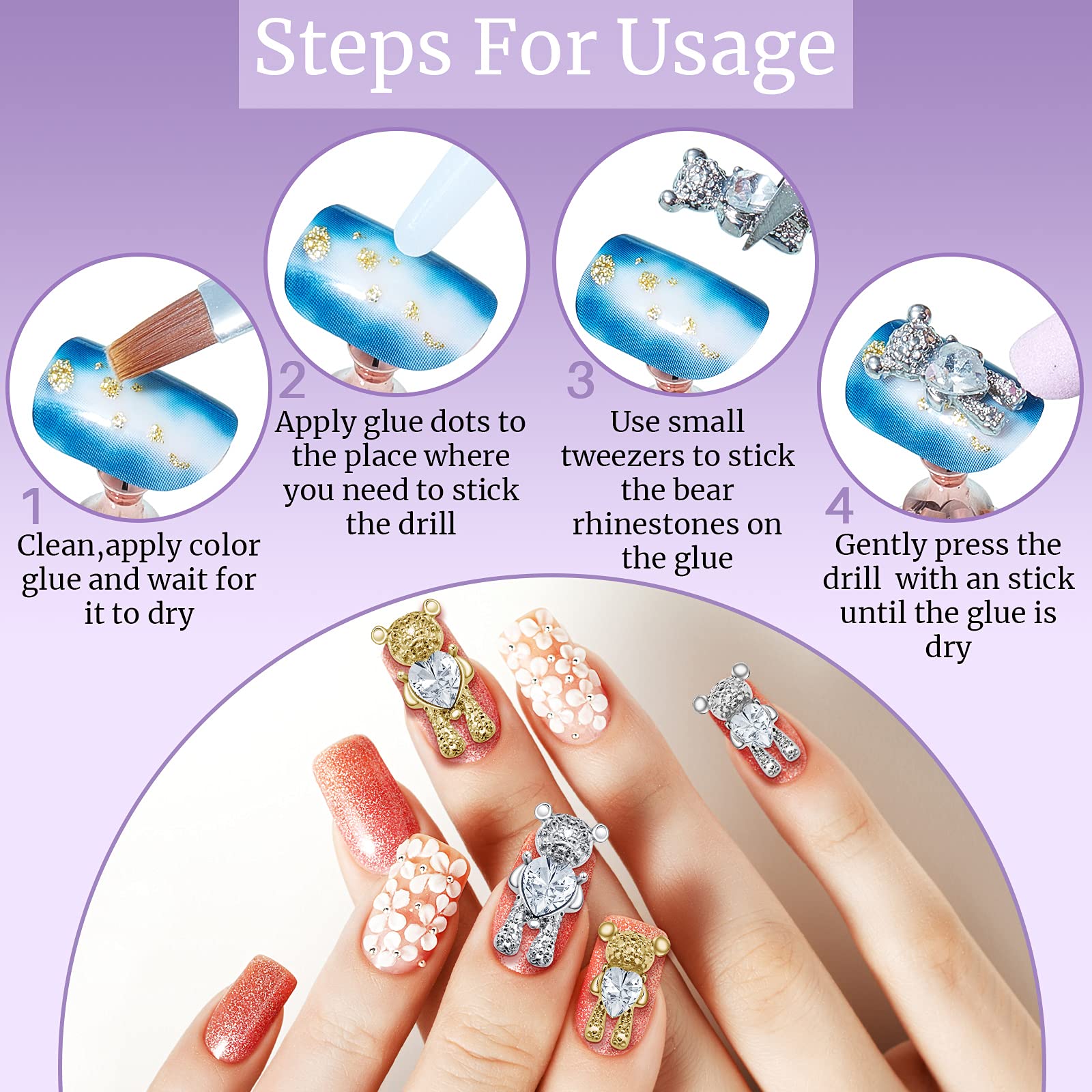 50Pcs 3D Bear Nail Art Charms - Cute Rhinestone Bear Nail Decorations for Women, Gold & Silver Alloy Manicure Accessories for DIY Nail Designs | Perfect for Parties, Weddings, and Everyday Nail Art