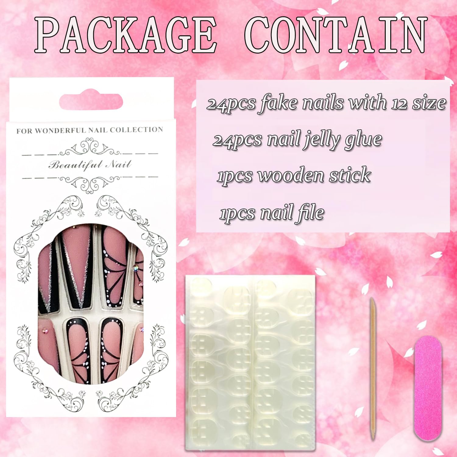 Long Coffin Press on Nails - Black Glossy Full Cover Acrylic False Nails with Rhinestone & Butterfly Designs - Extra Long Square Ballerina Fake Nails with Glue - Stick on Artificial Fingernails for Women - Perfect for Parties, Weddings & Special Occasions