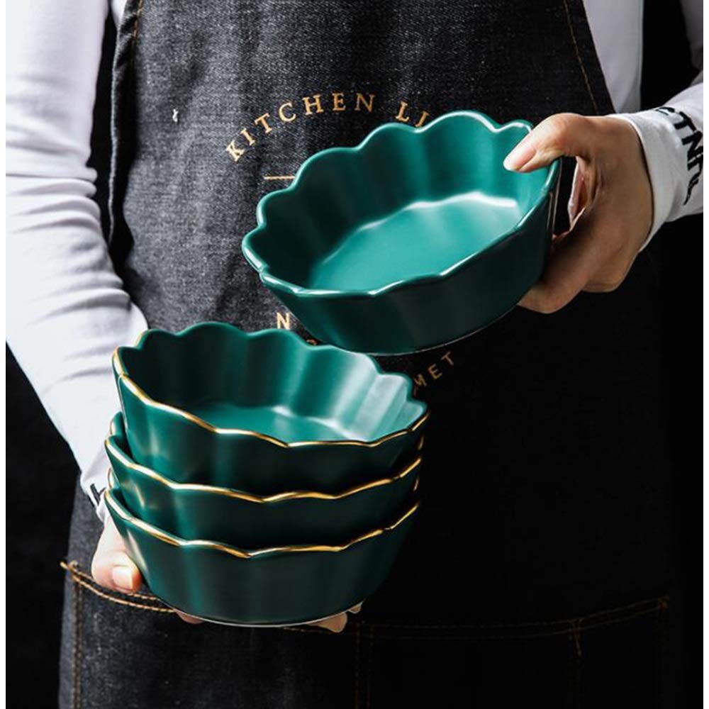 Vintage Phnom Penh Green Ceramic Bowls - Set of 5 Pieces, Handcrafted Rice Bowls, Salad Bowls, Sauce Dishes for Desserts, Snacks & Asian Cuisine | Elegant Lace-Trimmed Irregular Design for Home Dining & Party Serving