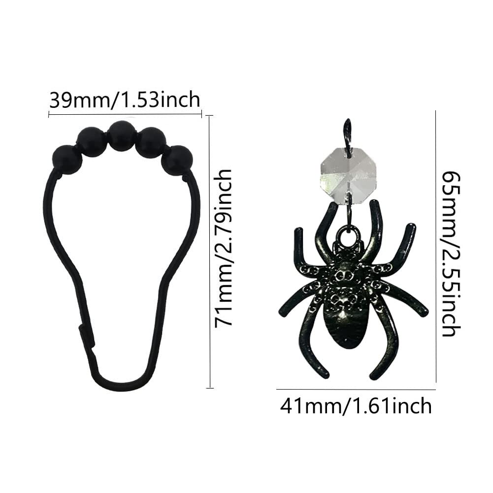 12-Pack Black Stainless Steel Spider Shower Curtain Hooks with Crystal Beads - Rustproof Bathroom Accessories for Halloween Decor, Gothic Theme & Spooky Bathroom Design