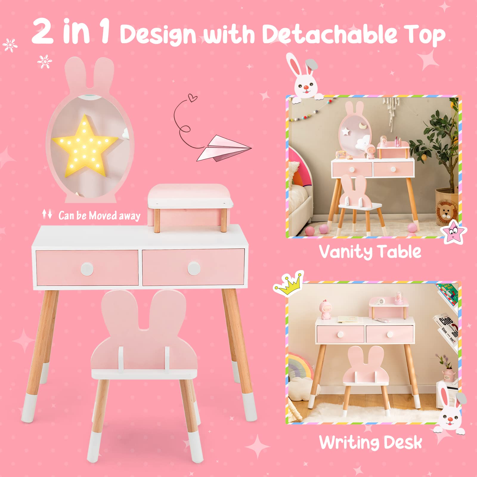 Costzon Pink Wooden Princess Vanity Set for Girls with Mirror, Stool & Storage - Kids Makeup Dressing Table with 2 Large Drawers & Shelf - Pretend Play Toy for Toddlers (Perfect for Birthday Gifts & Bedroom Decor)