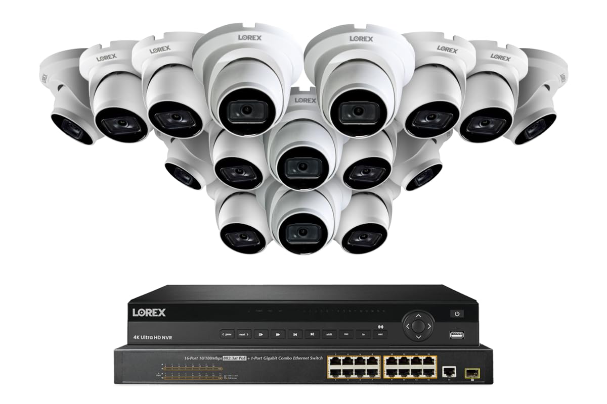Lorex 4K 8MP (32 Camera Capable) 8TB Wired PoE NVR Security System with 16 IP Indoor/Outdoor Metal Dome Cameras - Color Night Vision, Smart Motion Detection (Person/Vehicle), IP67 Weatherproof, Two-Way Audio - Ideal for Home & Business Surveillance (White)
