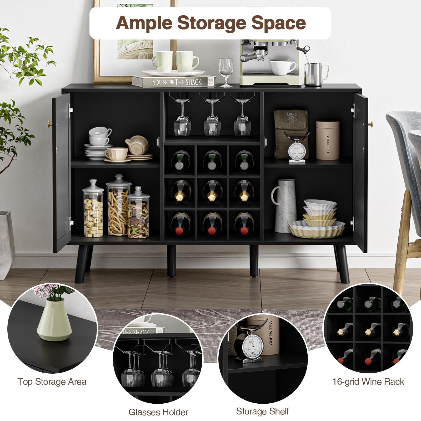 Giluta Kitchen Island - Farmhouse Style Coffee Bar Cabinet with Storage, Sideboard Buffet Cupboard for Dining Room & Kitchen, Black - Perfect for Small Spaces & Entertaining Guests
