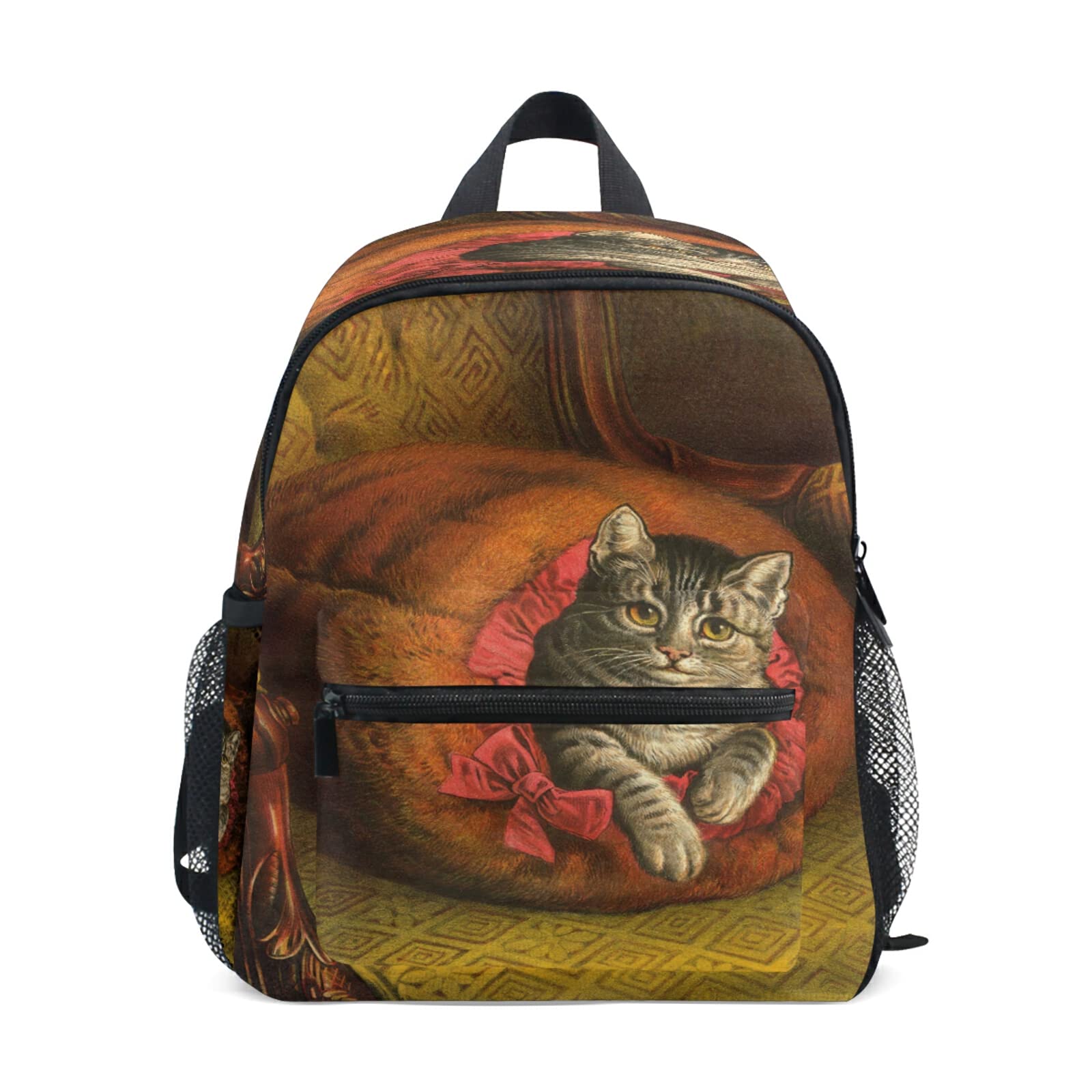 Vintage Animal Cat Backpack for Kids - Cute Kitten Toddler Bag with Adjustable Chest Strap, Preschool Daypack for Boys & Girls - Perfect for School, Travel, Daycare & Outdoor Adventures (Snack Pouch Included)