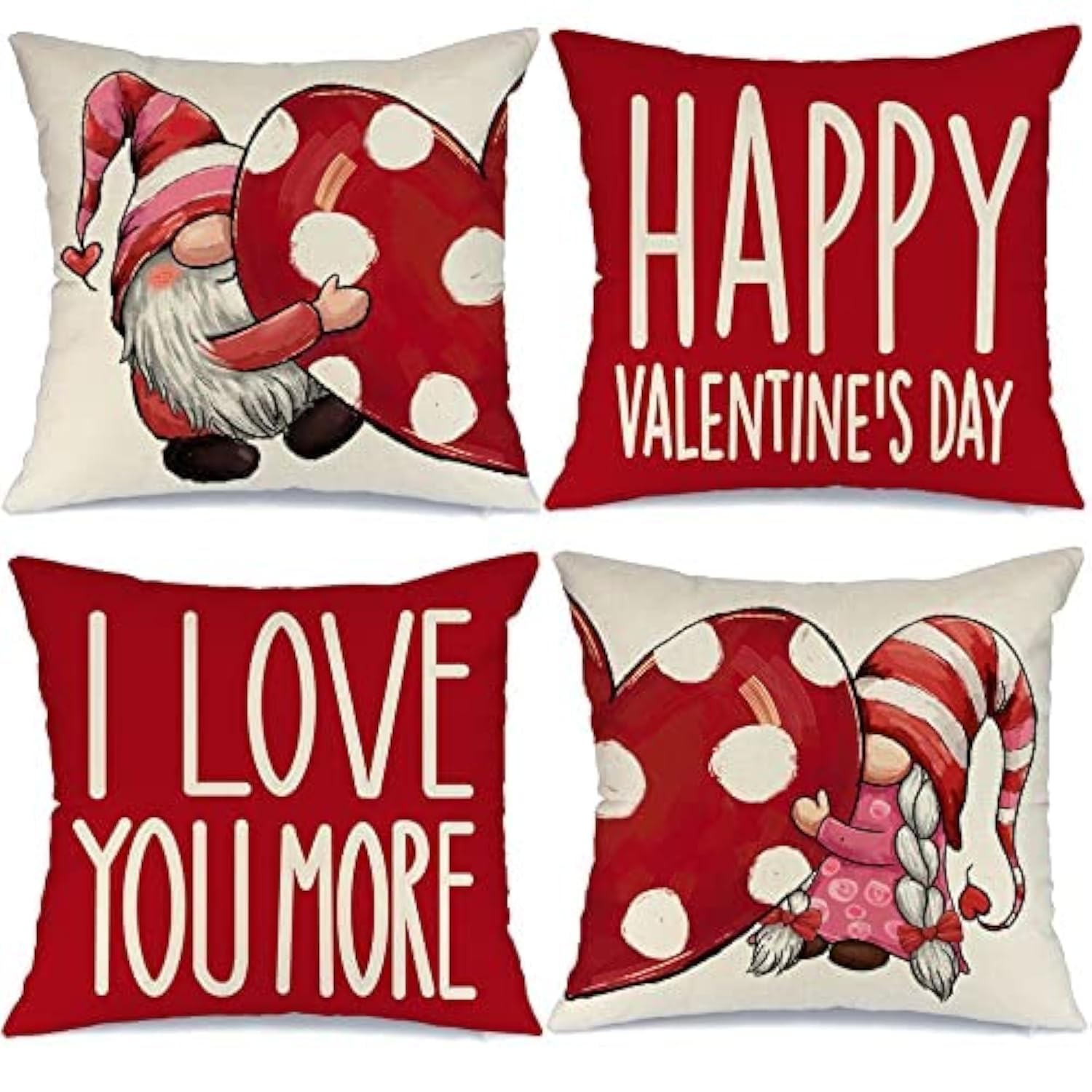 Valentine's Day Pillow Covers 20x20 Inch Set of 4 - Red Polka Dot Heart Gnome Decor for Home, Couch & Bedroom - Romantic Throw Pillow Covers for Valentine's Gifts, Couples & Anniversary Decorations