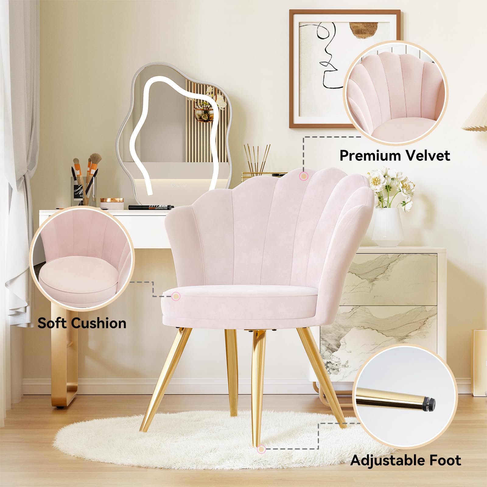 Luxury Velvet Accent Chair with Gold Metal Legs - Modern Makeup Vanity Chair, Upholstered Living Room Guest Chair & Bedroom Side Chair in Light Pink - Perfect for Dressing Room, Lounge & Home Decor