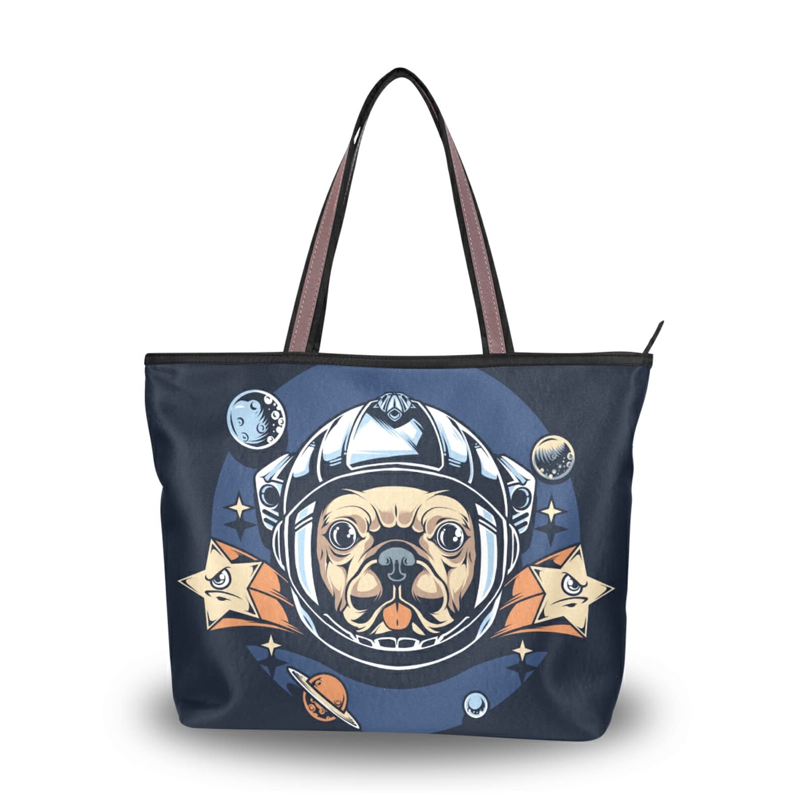 Space Pug Print Tote Bag for Women - Large Capacity Zippered Grocery Bag, Durable Shopping Purse for Daily Use (2 Sizes) - Perfect for Grocery Shopping, Beach Trips & Work Commute