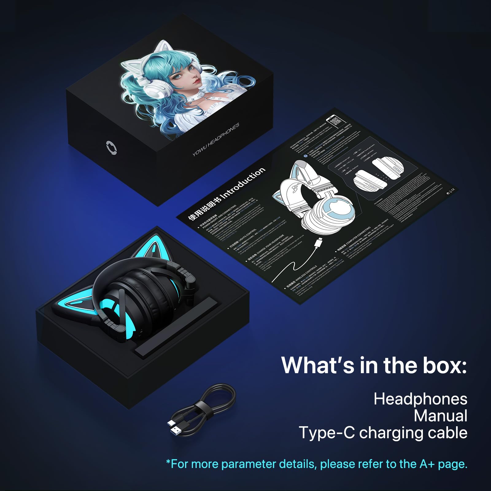 YOWU Cat Ear Headphones CE - Wireless/Wired Gaming Headset with Built-in Mic, RGB Lighting, Hi-Fi Sound for PC, PS4, PS5, Switch | Perfect for Anime Fans & Live Streaming (Black)