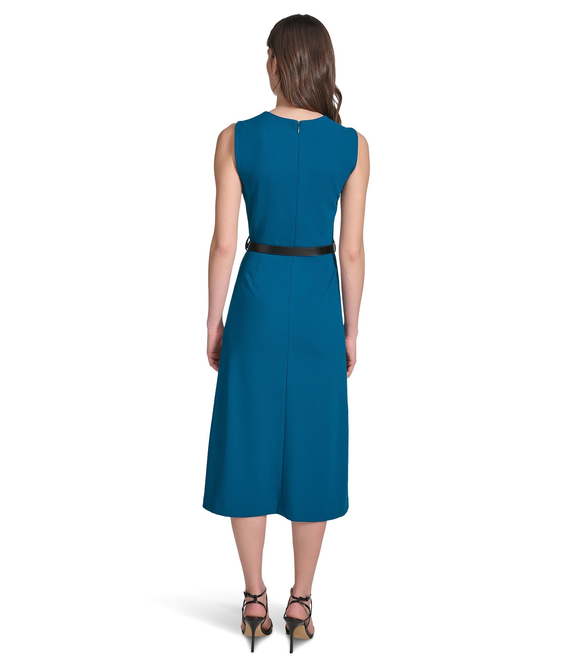 Calvin Klein Women's Sleeveless Scuba Crepe Belted Midi Dress - Elegant Formal & Cocktail Party Wear for Women