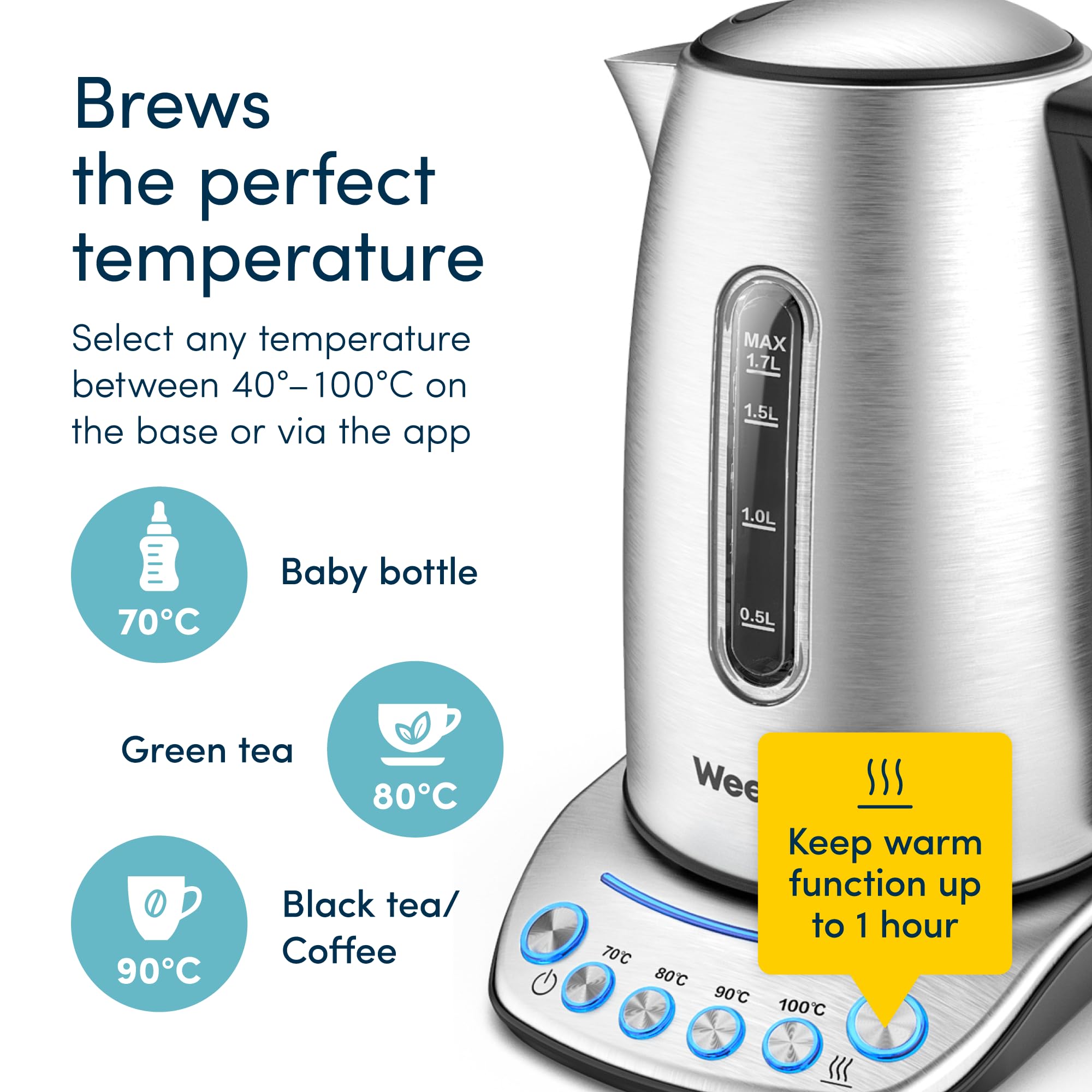 Alexa Smart Kettle 1.7L - Voice Controlled Stainless Steel Electric Kettle with Adjustable Temperature & Keep Warm Function | Energy Efficient, BPA-Free Smart Home Appliance | Perfect for Coffee, Tea & Baby Bottle Warming