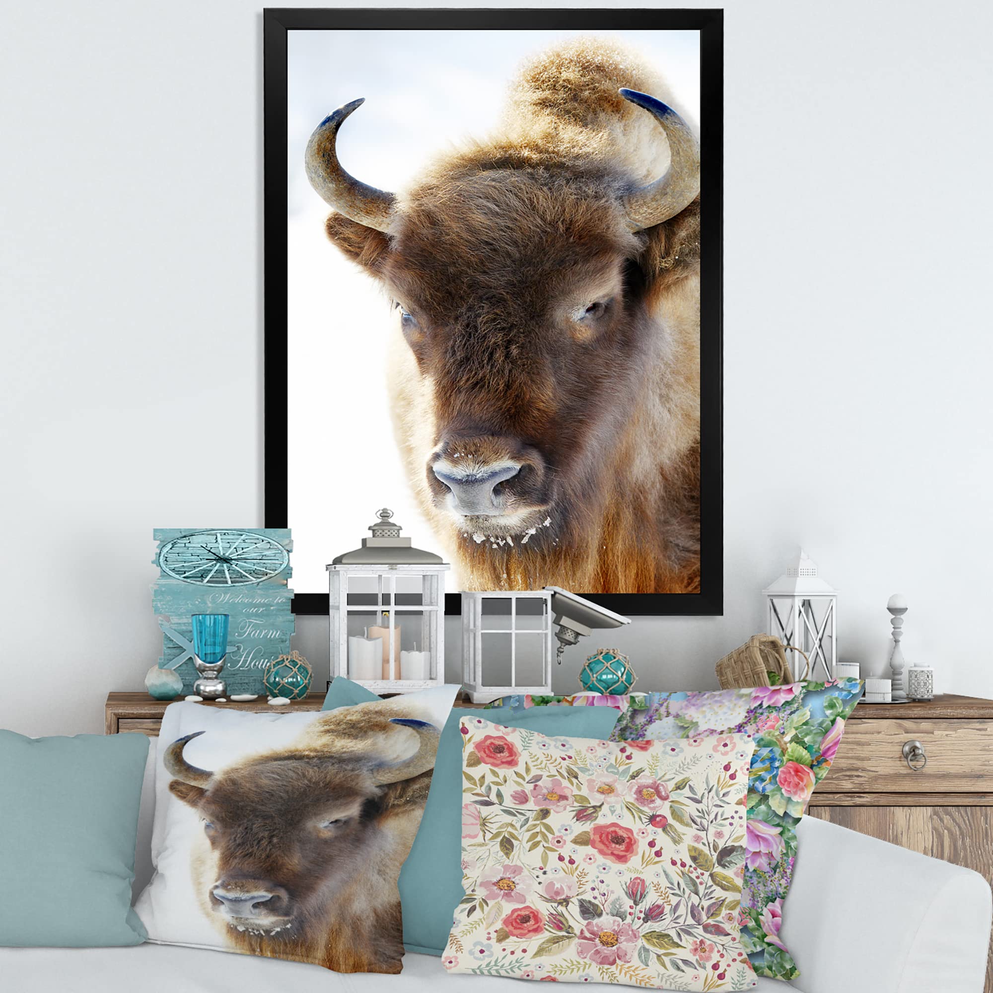 Farmhouse Framed Wall Art - Portrait of Wild Bison - Rustic Home Decor for Living Room, Bedroom & Office - DesignQ Premium Canvas Print