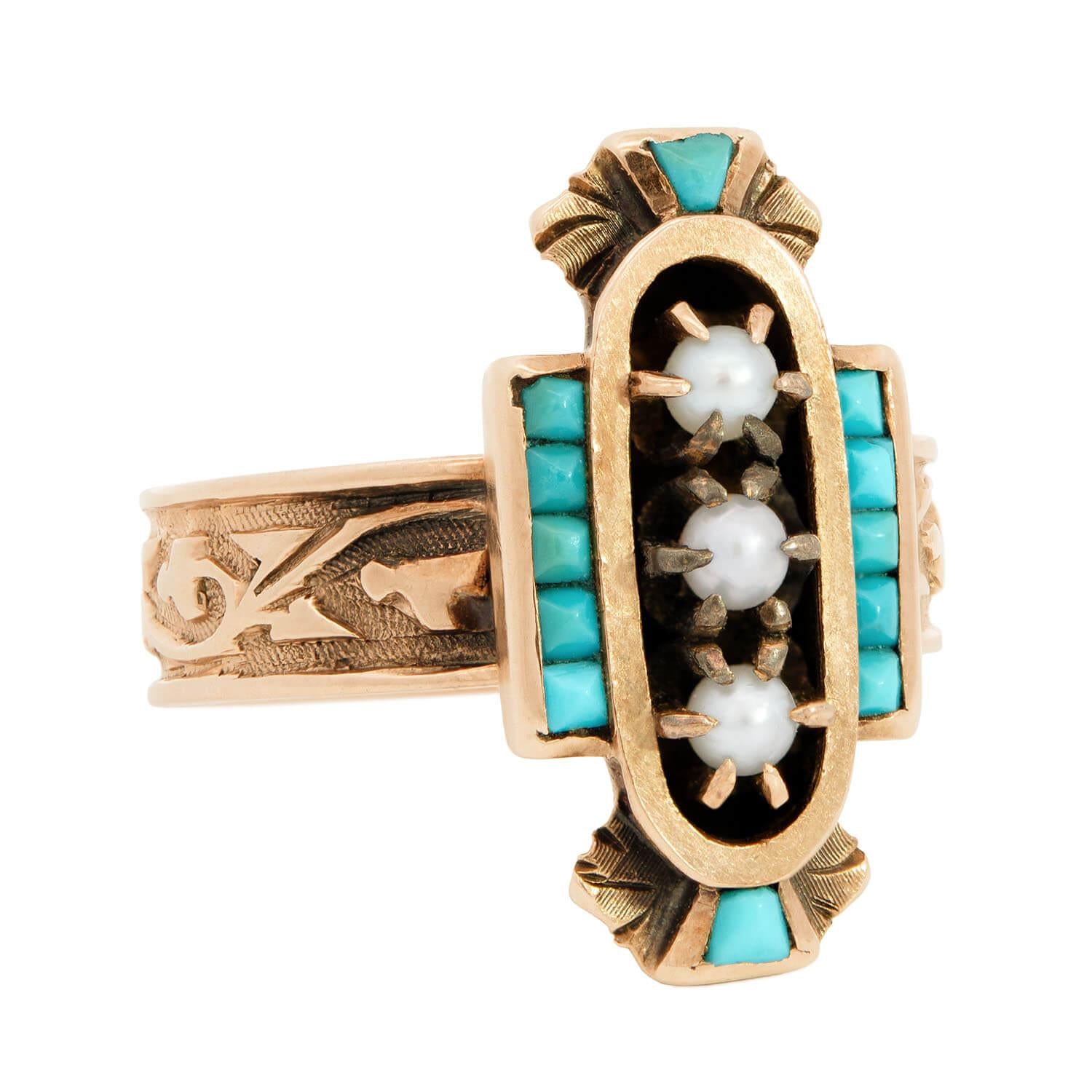 14K Victorian Style Turquoise and Pearl Navette Ring - Elegant Antique Jewelry for Women, Perfect for Weddings, Parties & Special Occasions