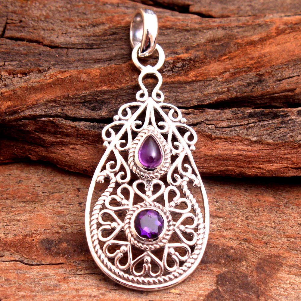 925 Sterling Silver Filigree Amethyst Gemstone Pendant Necklace - 2 Inch Elegant Jewelry for Women, Perfect for Weddings, Parties & Special Occasions