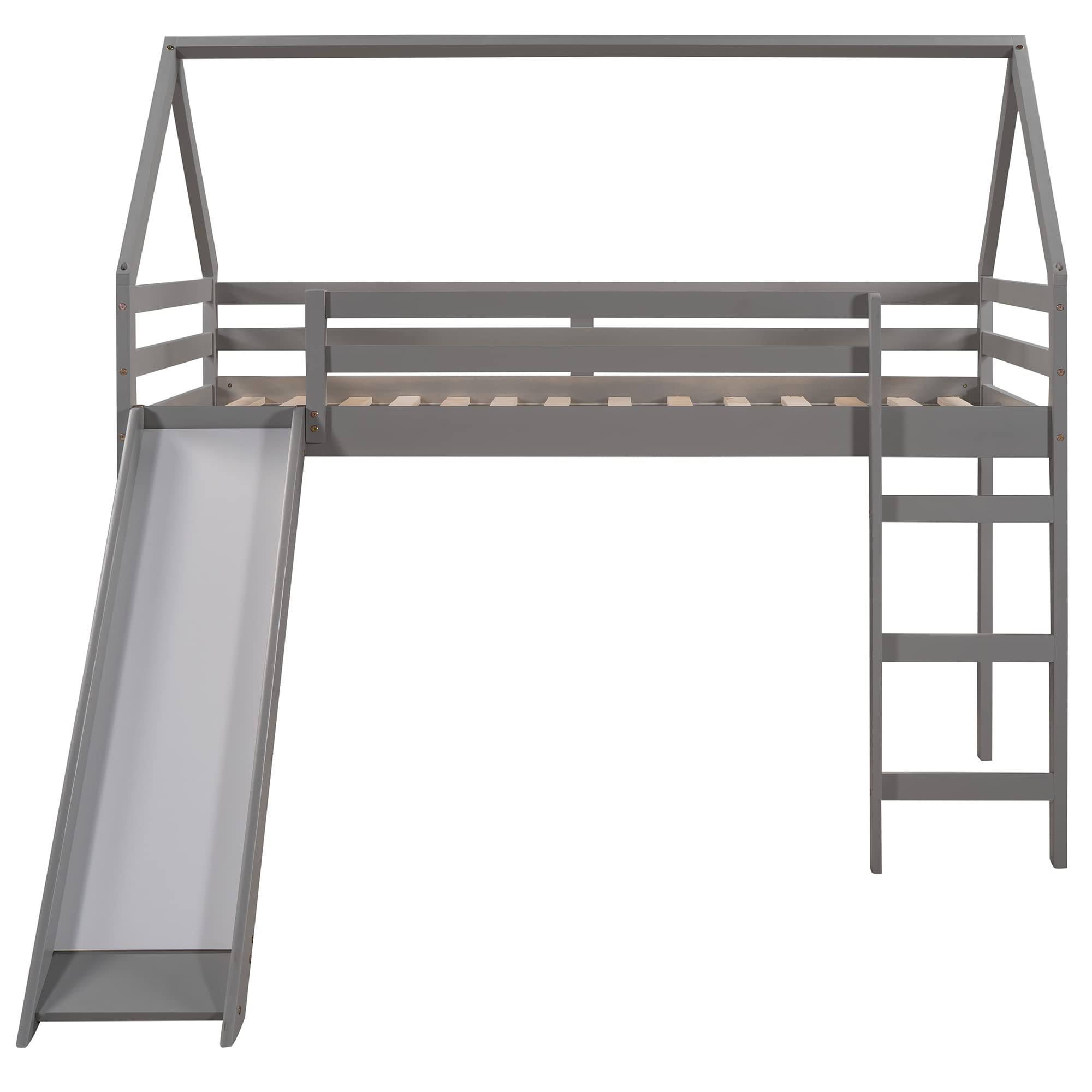 Kids Twin Loft Bed with Slide - Wooden Playhouse House Bed for Children, No Box Spring Needed, Grey - Perfect for Small Bedrooms, Playrooms & Fun Sleepovers