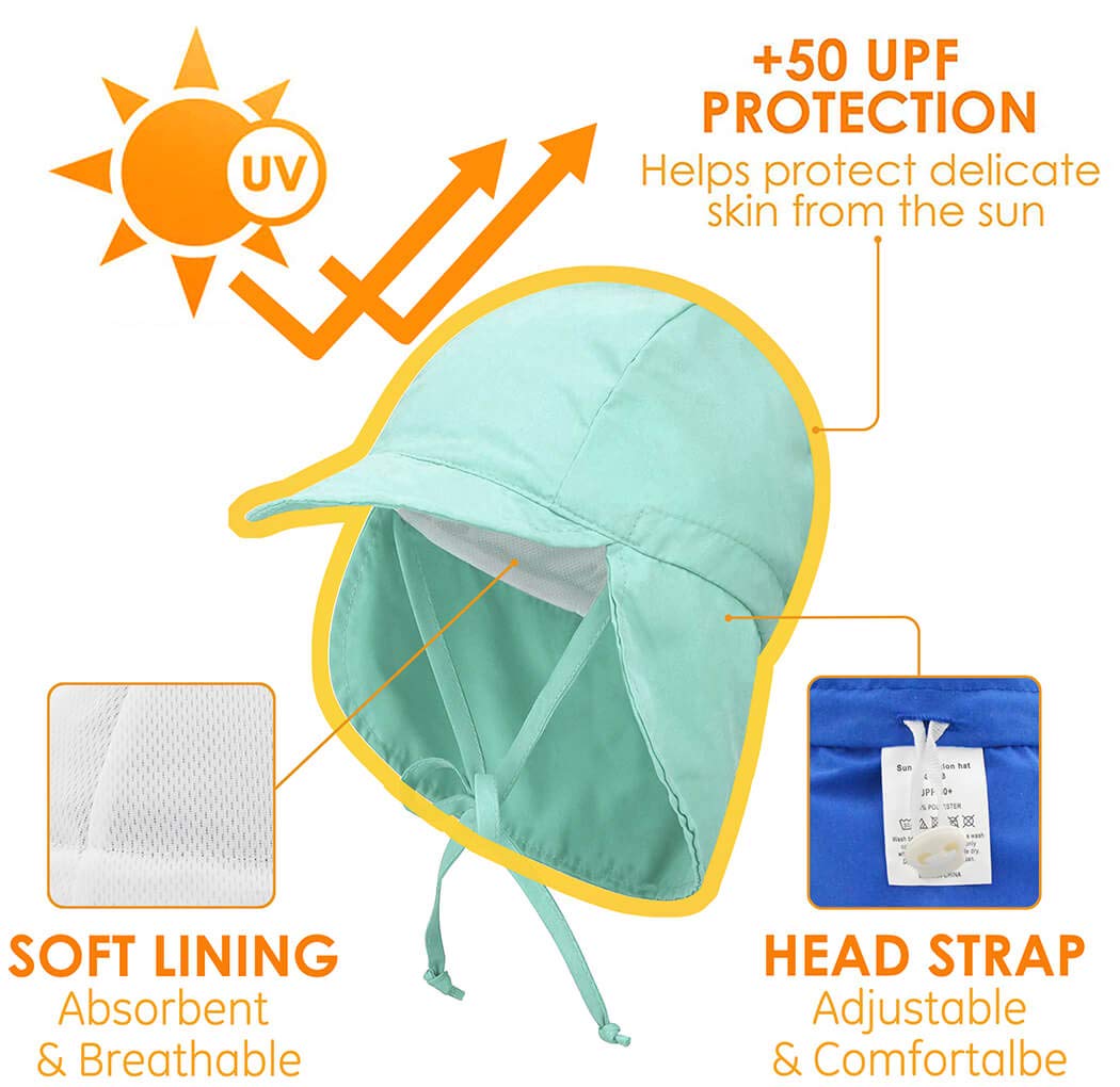 EVAbaby UPF 50+ Sun Protection Hat for Baby Boys & Girls - Adjustable Drawstring & Neck Flap - Summer Swim, Beach, Pool, Outdoor Activities UV Protection Cap