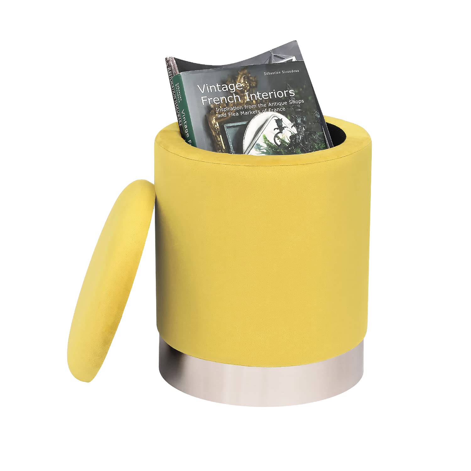 Joveco Round Storage Ottoman with Removable Lid - Velvet Upholstered Footrest with Silver Plating Base - Multi-Purpose Footstool for Living Room, Bedroom & Dressing Room (Yellow) - Perfect for Extra Seating, Storage & Home Decor