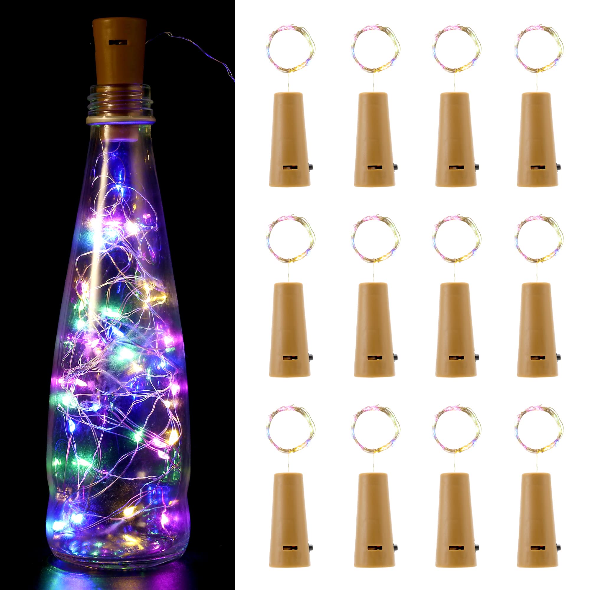 NiHoo 12 Pack Wine Bottle Lights with Cork - 20 LED Battery Operated Fairy String Lights (Batteries Included) | 3 Lighting Modes, Waterproof Mini Wire Cork Lights for Christmas, Party, Wedding, Home Bar & Restaurant Decoration | Multicolor Ambient Lighting