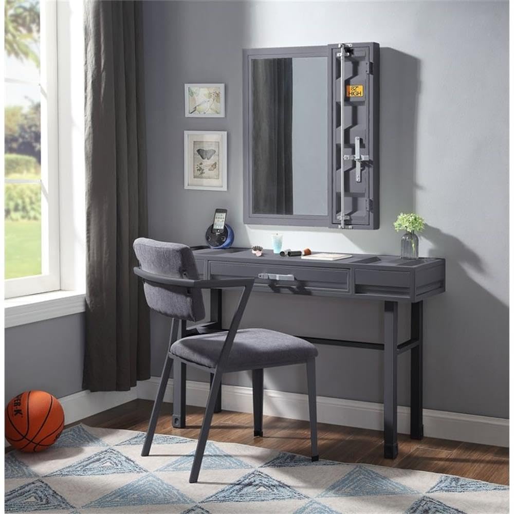 BOWERY HILL Modern 1-Drawer Vanity Desk in Gunmetal Finish - Perfect for Bedroom, Dressing Room & Home Office Makeup Station