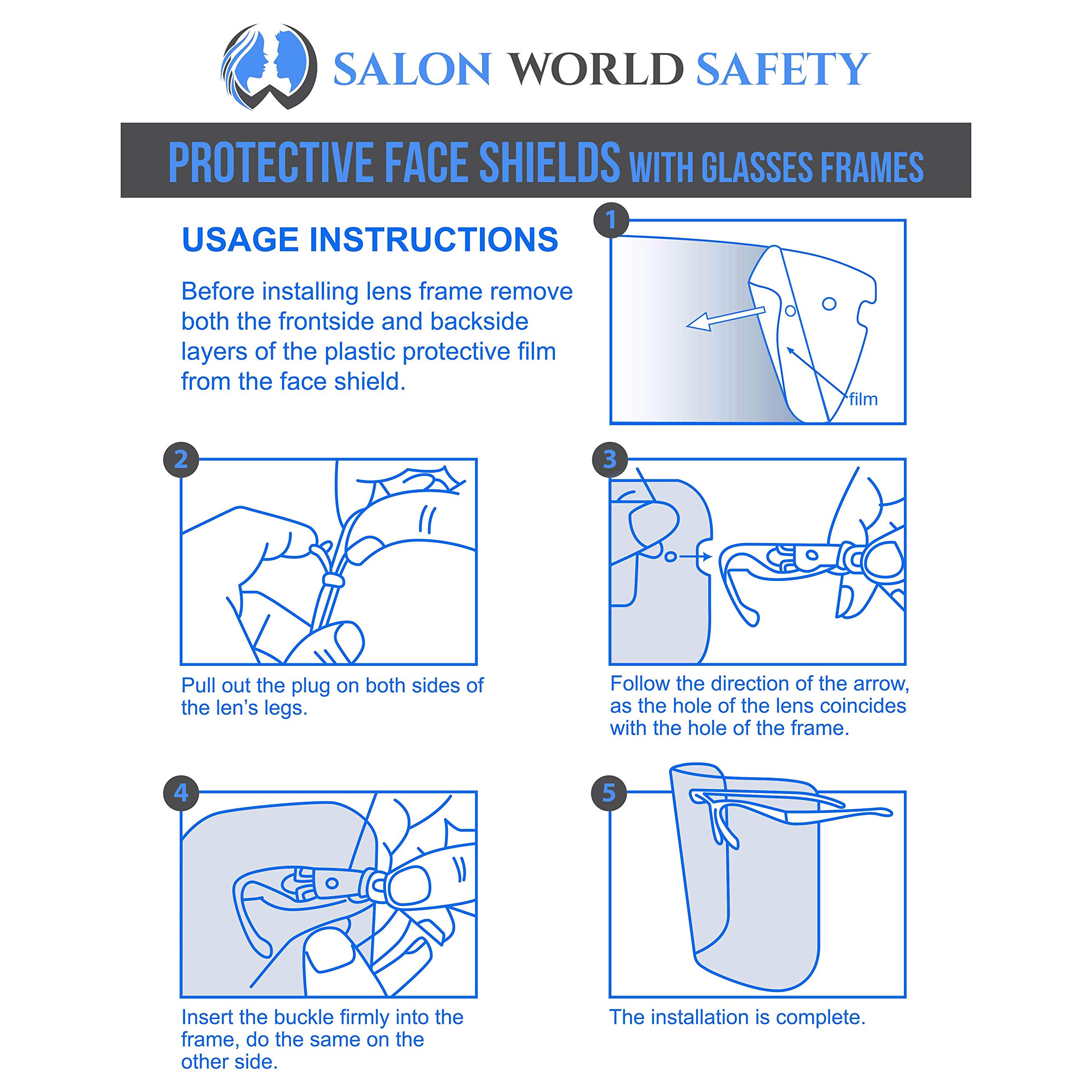 TCP Global Salon World Safety Face Shields with Blue Glasses Frames (Case of 200) - Ultra Clear Anti-Fog Protective Full Face Shield for Eye, Nose & Mouth Protection - PET Plastic Safety Goggles for Hair Salons, Medical Clinics & Food Service Workers