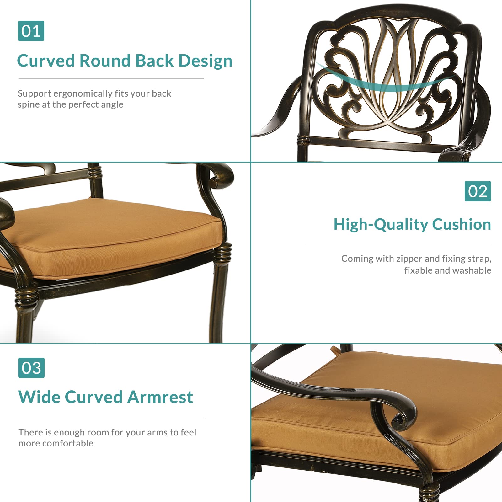 MEETWARM 2-Piece Outdoor Dining Chairs Set with Cushions - All-Weather Cast Aluminum Patio Chairs for Garden, Deck, Backyard - Dark Bronze - Perfect for Outdoor Entertaining and Relaxation