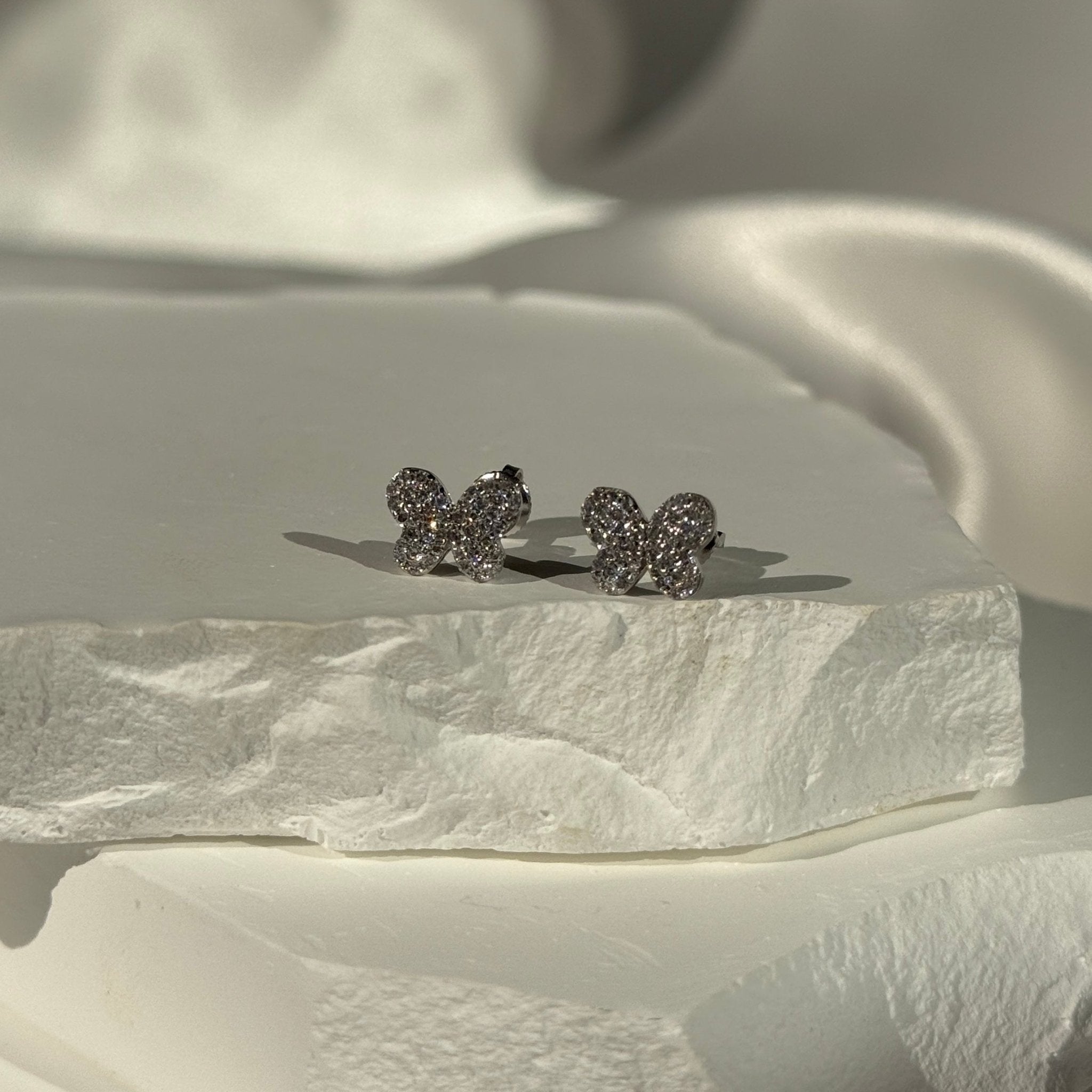 14K White Gold Diamond Pavé Butterfly Screw Back Earrings - Elegant Stud Earrings for Women, Perfect for Weddings, Parties & Special Occasions