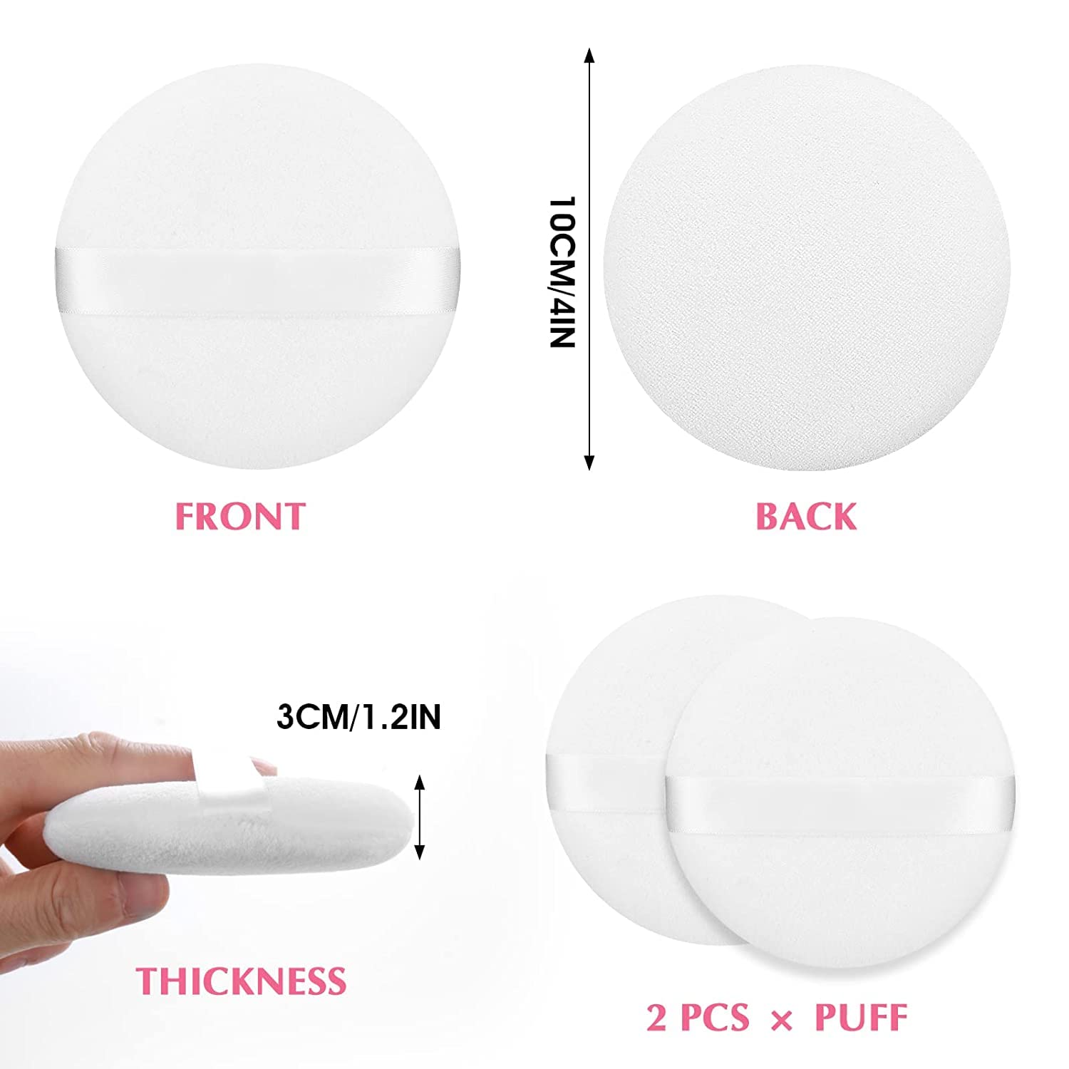 4 PCS Large Velour Powder Puffs - 4.13 Inch Round Ultra Soft Body & Face Powder Applicators, Washable Fluffy Makeup Puffs with Ribbon for Loose Powder, Baby Powder & Cosmetics - Perfect for Home Spa, Makeup Application & Baby Care Routines