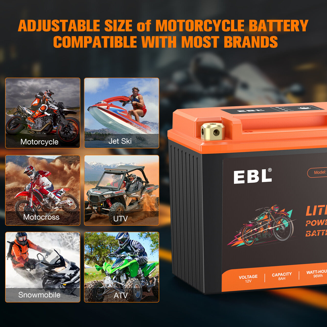 EBL LiFePO4 Lithium Motorcycle Battery 12V 8Ah - YTX14 BS Compatible - Lightweight & Long-Lasting Power for Harley, Honda, Yamaha & More - Perfect for Cruisers, Touring Bikes & Off-Road Adventures