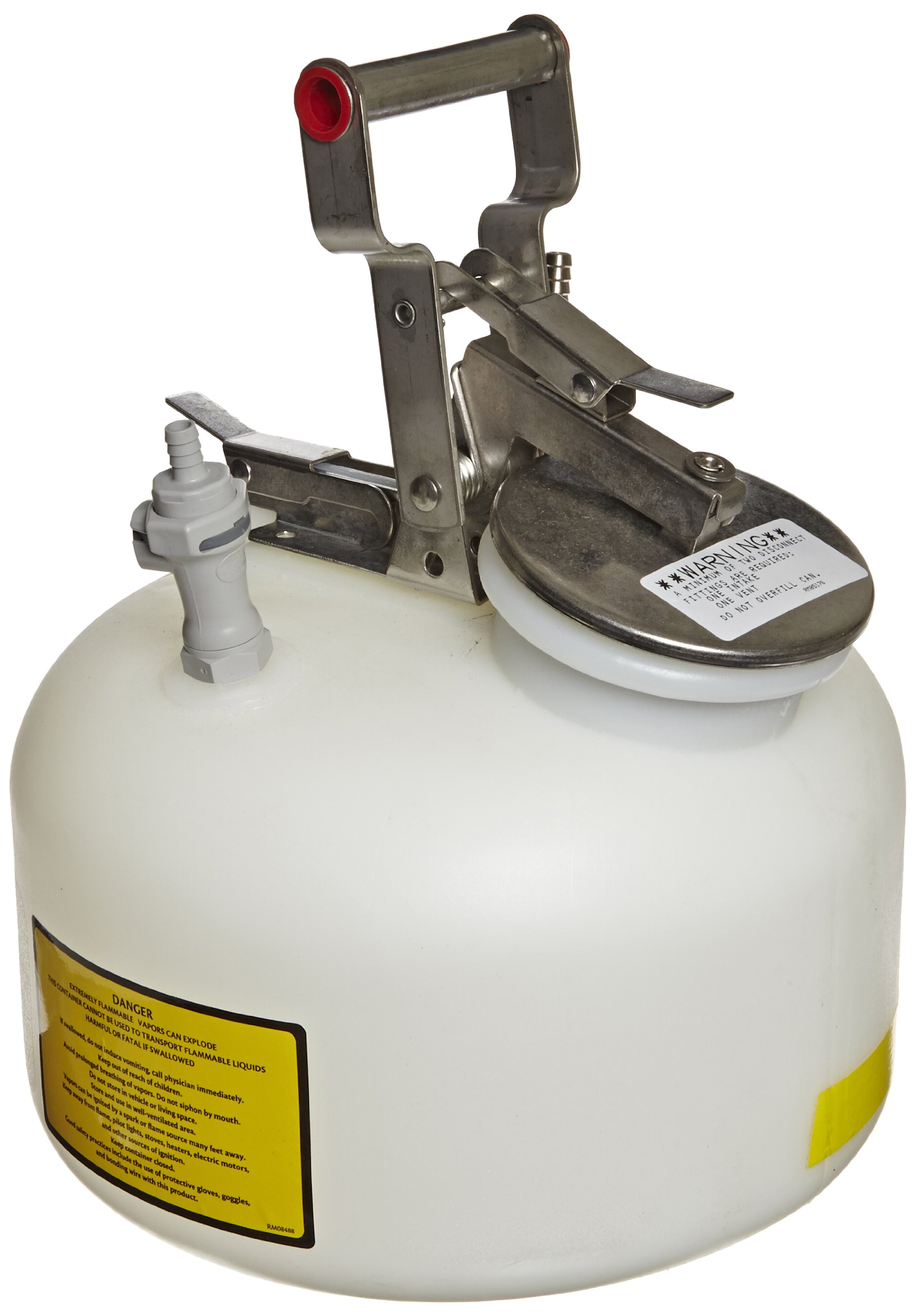 Justrite BY12752 2 Gallon Centura Disposal Polyethylene Safety Can with Quick-Disconnect Stainless Steel PTFE Fitting - Ideal for Workshop, Garage & Industrial Chemical Storage