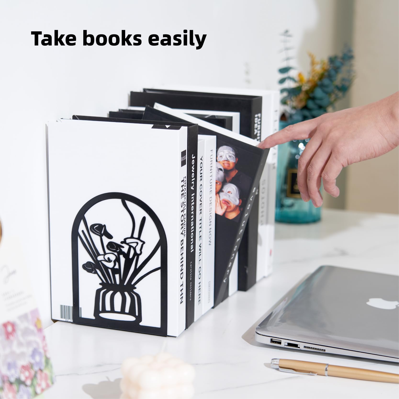 Metal Bookends for Heavy Books - 2 Pairs Flower Design for Shelves & Home Office Decor