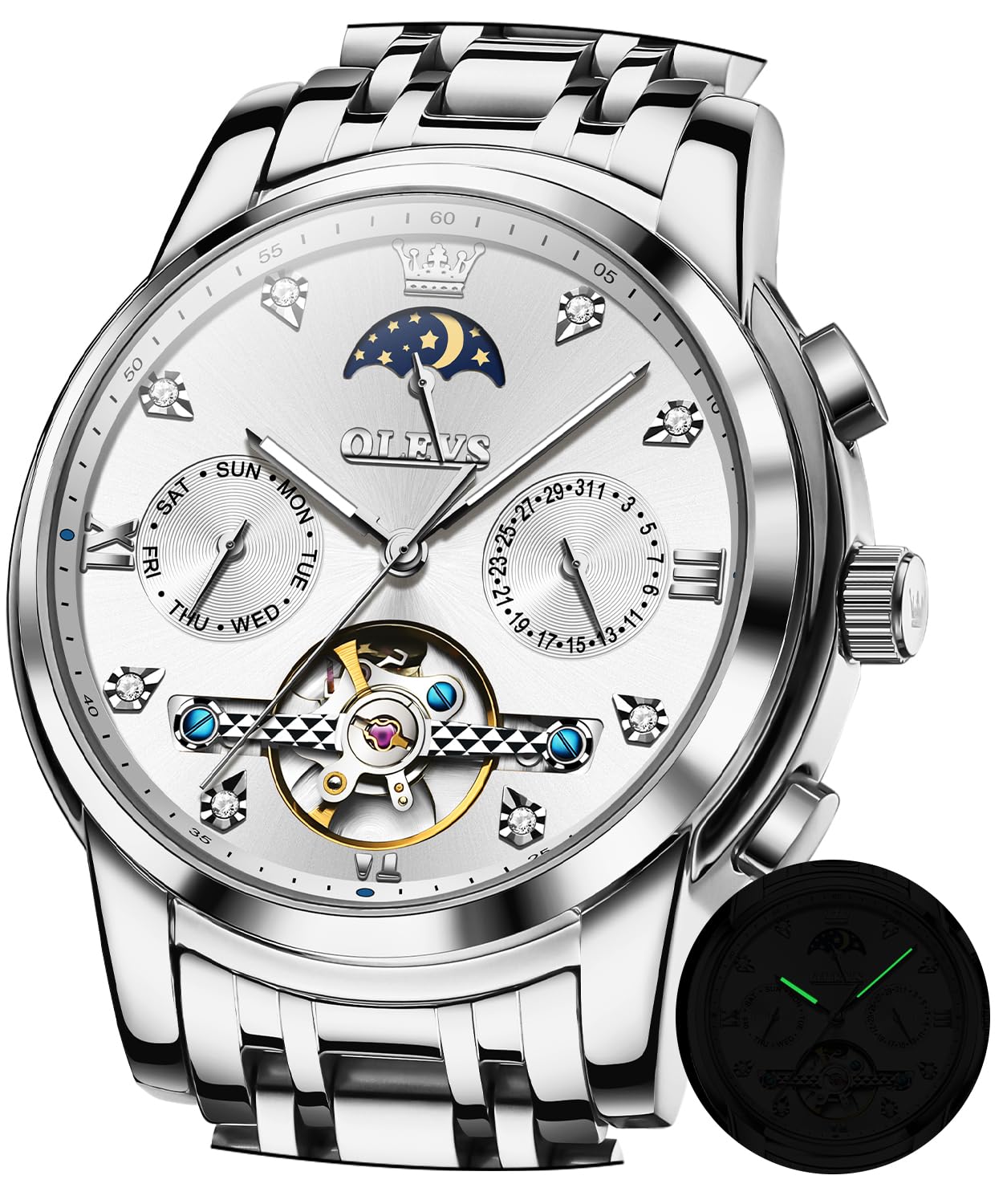 OLEVS Men's Automatic Luxury Watch with Diamond, Tourbillon & Moon Phase - Two-Tone Stainless Steel, Luminous, Waterproof - Perfect for Business, Formal Events & Gift Giving