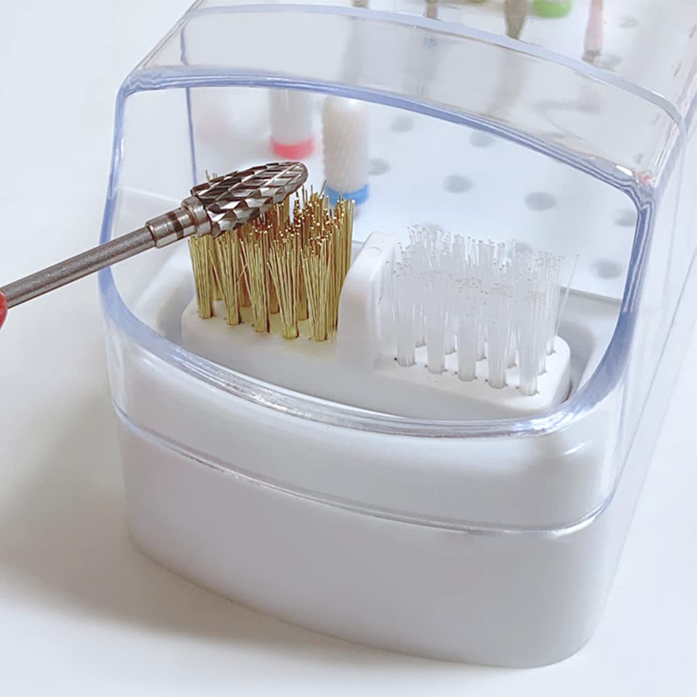 2 in 1 Nail Drill Bits Holder with 30 Holes & Cleaning Brush - Dustproof Stand Display for Nail Art Tools - Compact & Neat Organizer (White) - Perfect for Nail Salons & Home Manicures