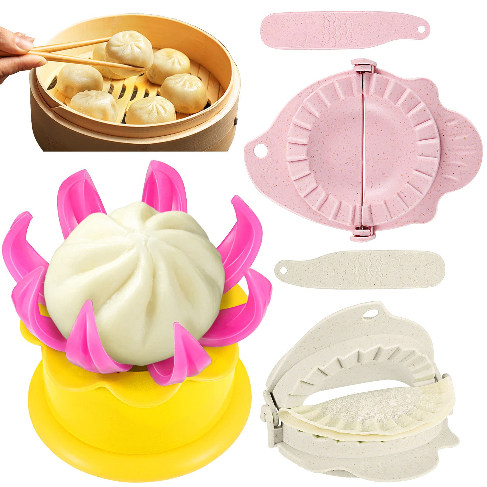 5-Piece Bun and Dumpling Maker Kit with Steam Mold & Filling Spoon - Cooking Tools for Kids to Learn Making Delicious Buns (Yellow, Pink, Beige) - Perfect for Family Cooking Activities and Asian Cuisine DIY