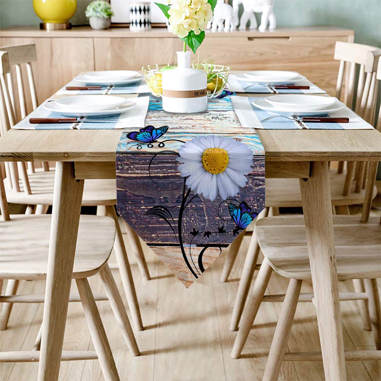 Farmhouse Floral Daisy Table Runner - 72 Inch Cotton Linen Table Scarf for Wedding, Dining & End Table Decor - Rustic Butterfly Wooden Accent - Perfect for Spring Home Decor, Bridal Shower & Farmhouse Style Dining Room