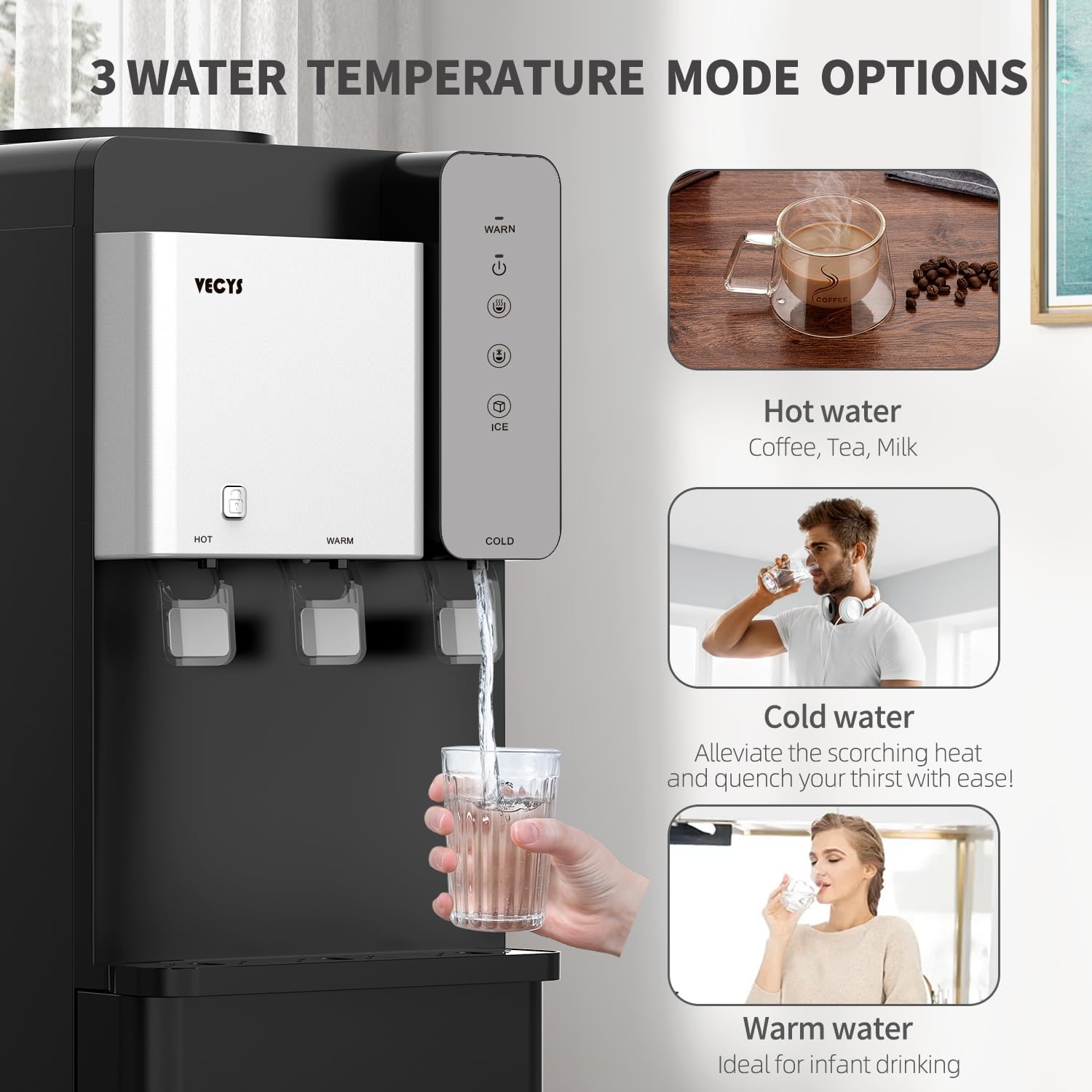 VECYS 27LBS Daily Ice Maker Water Dispenser Cooler with Hot & Cold Water, Child Safety Lock, Compatible with 3/5 Gallon Bottles - Perfect for Home, Office, Kitchen & Parties