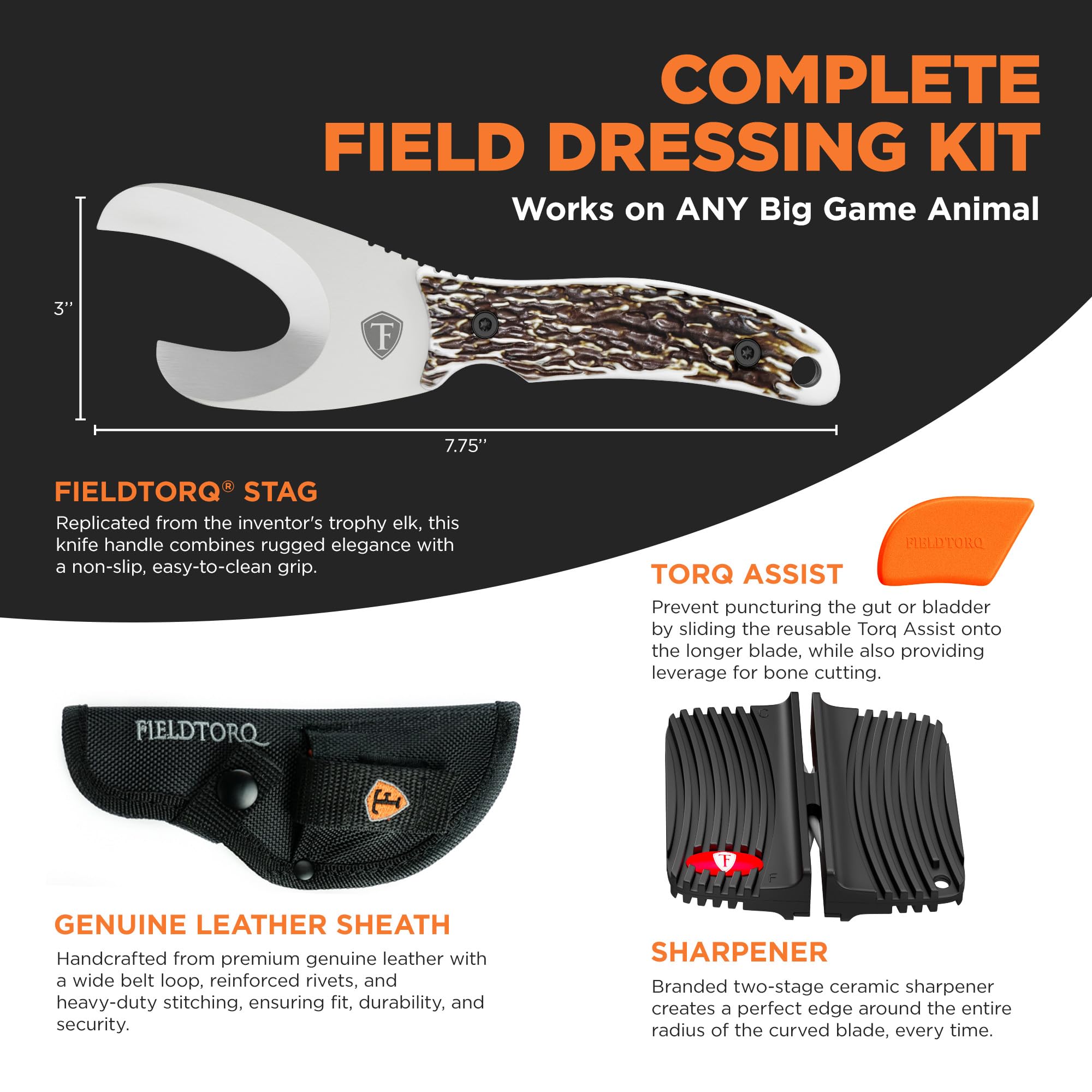 4-in-1 Hunting Field Dressing Kit with Sheath & Sharpener - Professional Skinning Knife, Gut Hook & Deer Hunting Tool Set for Outdoor Adventures, Camping & Survival Gear