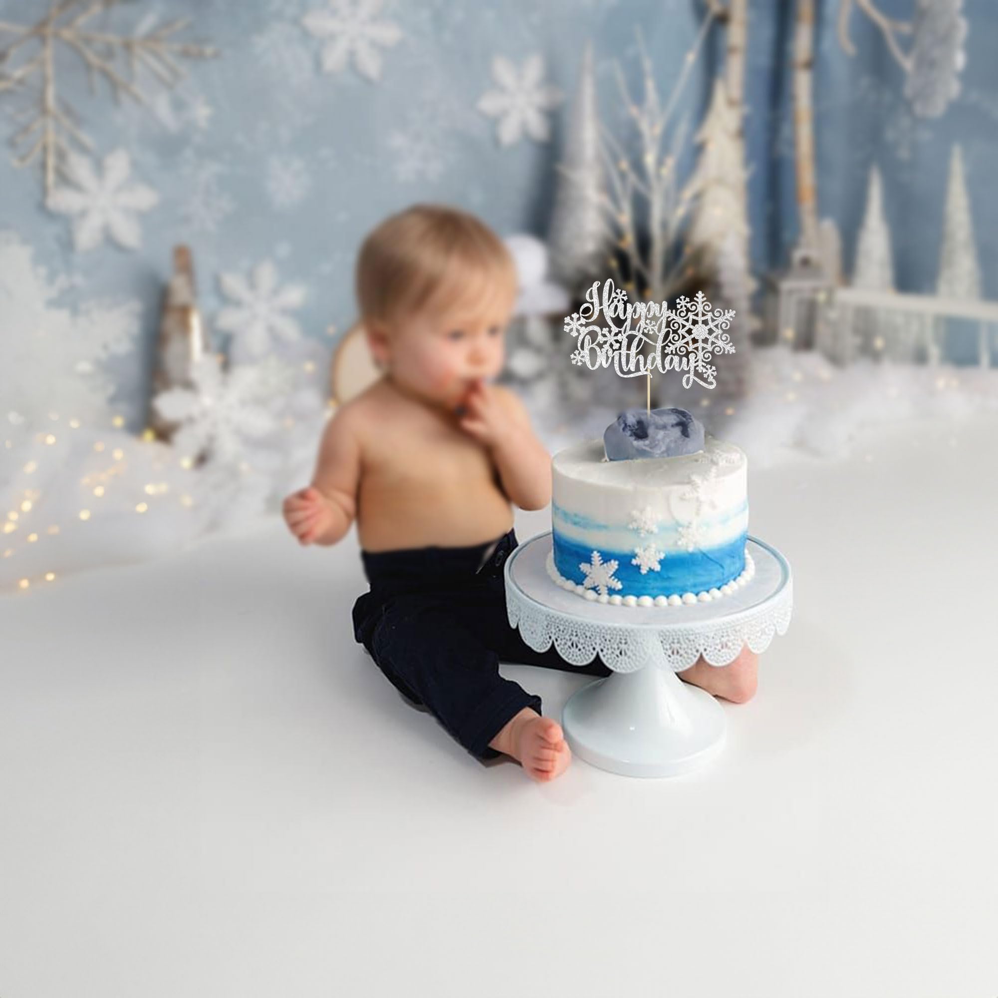 Gyufise 1 Pack Silver Glitter Snowflake Cake Topper - Winter Birthday Cake Decorations for Baby Showers, Kids Parties & Holiday Celebrations | Perfect for Winter-Themed Birthday Cakes, Christmas Desserts & Snowflake Party Decor